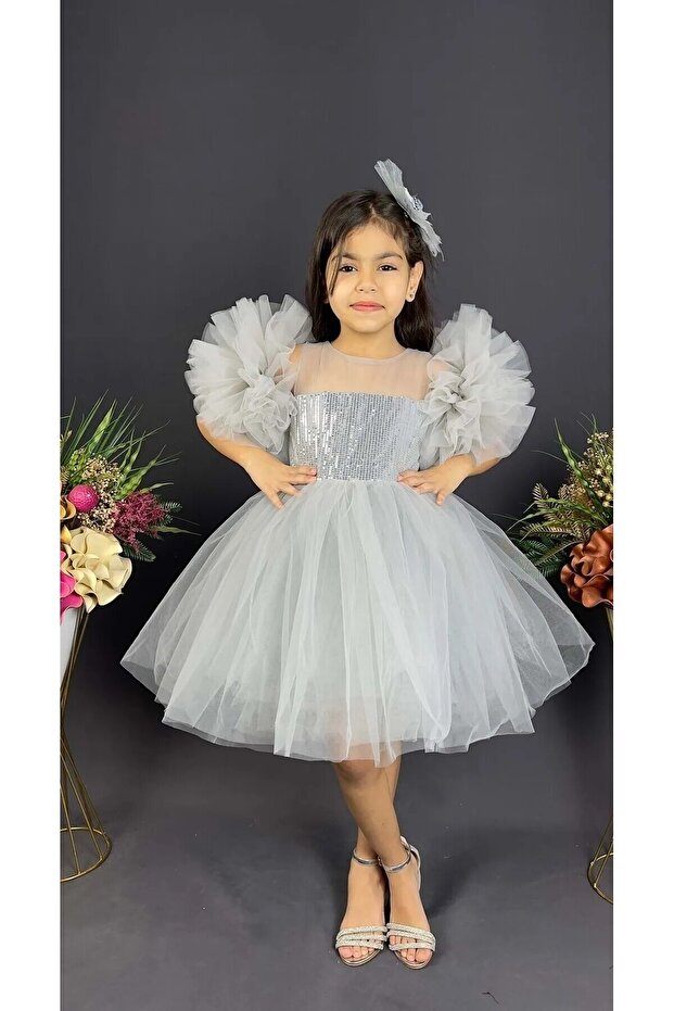 Chiffon Robe Pompom Sleeve Sequined Girl's Fluffy Skirt Tutu Evening Dress