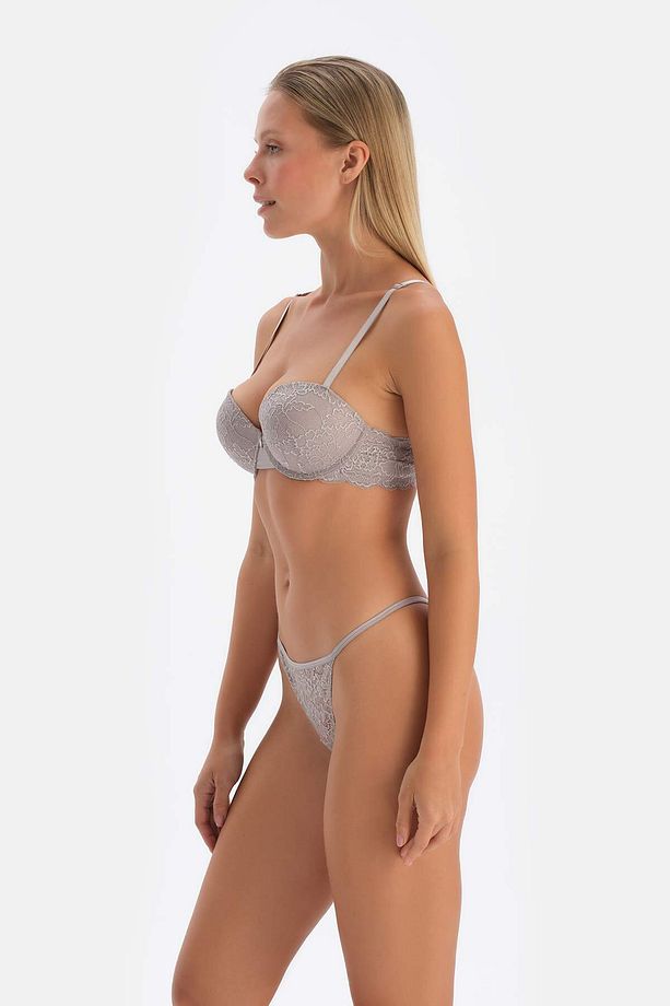 Açık Gri Dantel Ve Taş Detaylı Push-Up Sütyen - 3