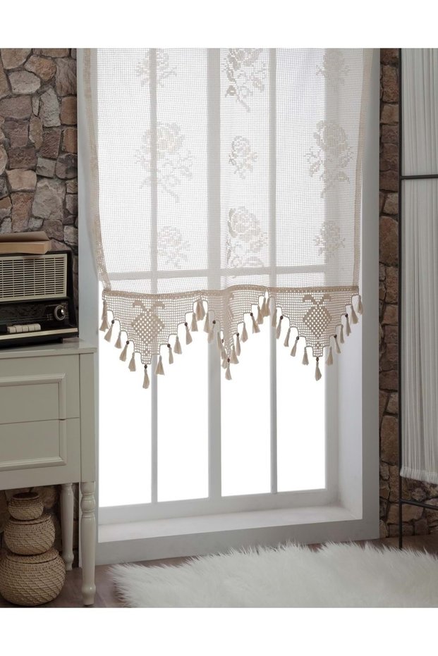 Buldan Tulle Curtain Handcrafted Lacy Natural Rose Flower Pattern (150X250)