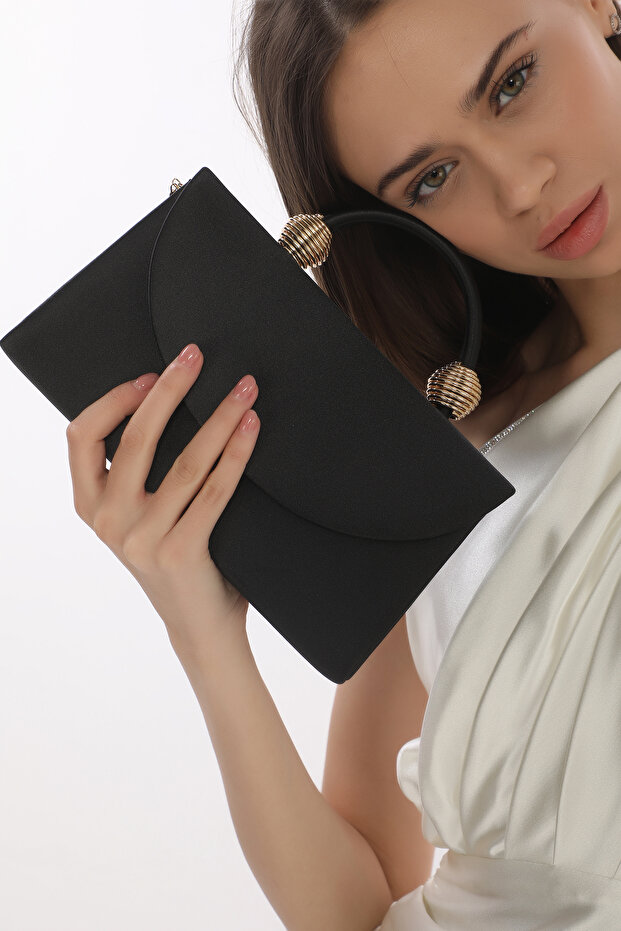Black Color Satin Fabric Evening Dress Women Bag Handheld and Long Strap Use (Chain Strap)