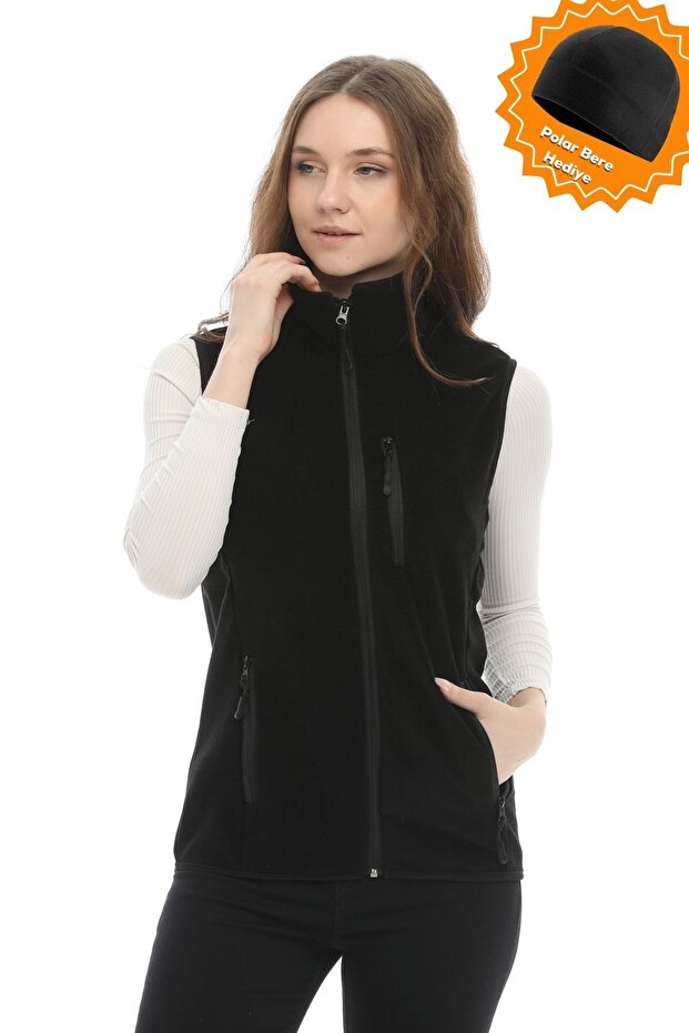 Ghassy Co Kadın Siyah Polar Çok Cepli Trekking Spor Yelek