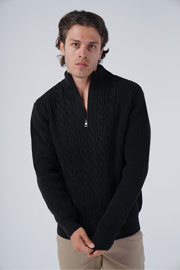 Men's Black Hair Braided Stand Collar Zippered Wool Sweater Trist-5300