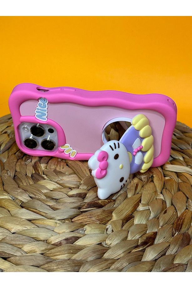 Iphone 13 Pro Max Uyumlu Hello Kitty Desenli Stant Özellikli ve Aynalı Yumuşak Hamur Silikon Lüks - 4