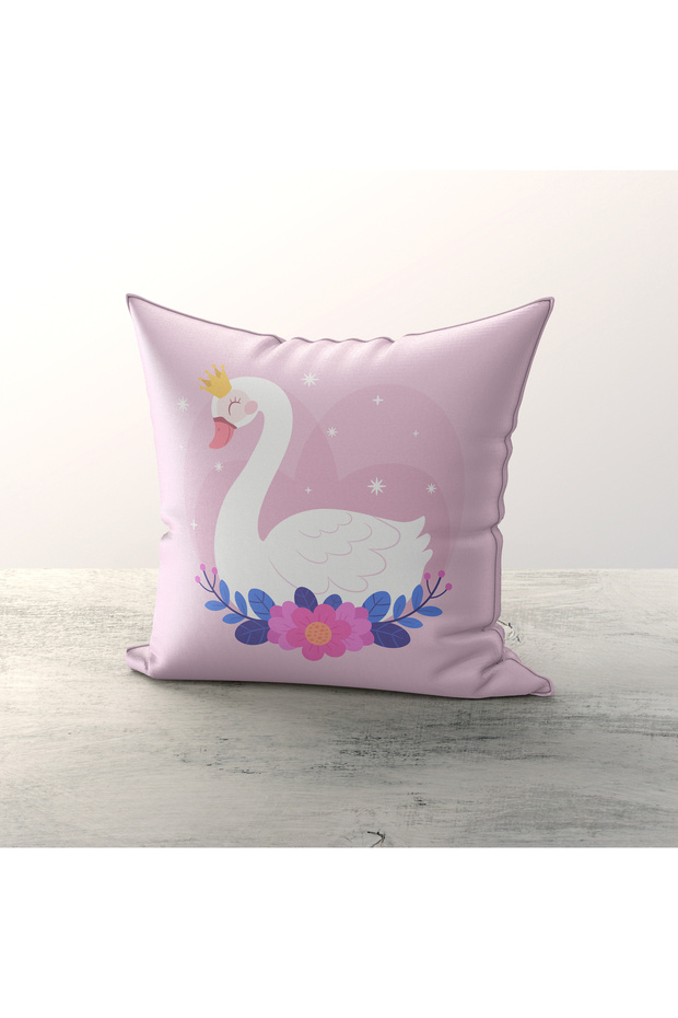 Pink Swan Patterned Children's Room 3-Piece Throw Pillow Cover Tlakr-224