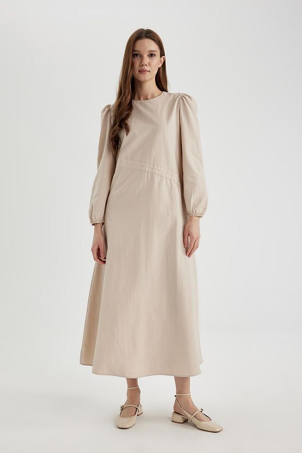 Regular Fit Bisiklet Yaka Basic Düz Poplin Uzun Kollu Maxi Elbise A9409ax24sp - 2