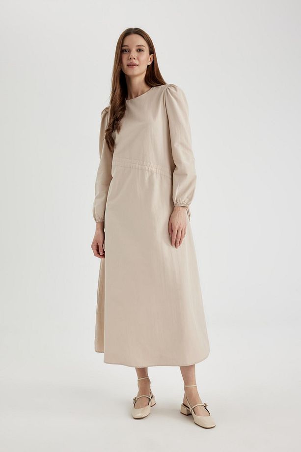 Regular Fit Bisiklet Yaka Basic Düz Poplin Uzun Kollu Maxi Elbise A9409ax24sp - 1