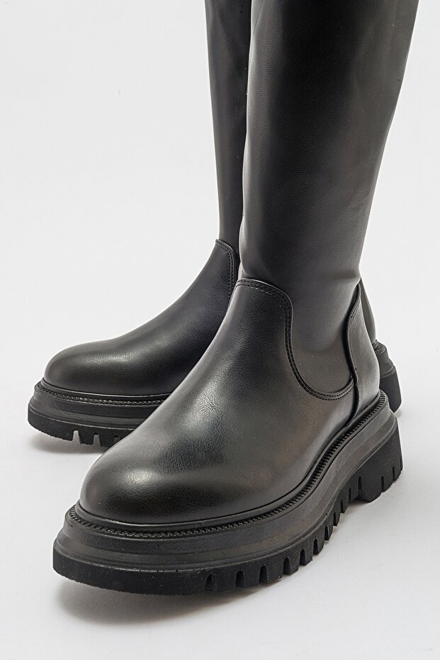 HENIN fekete térd alatti sztreccs női lapos csizma - 5