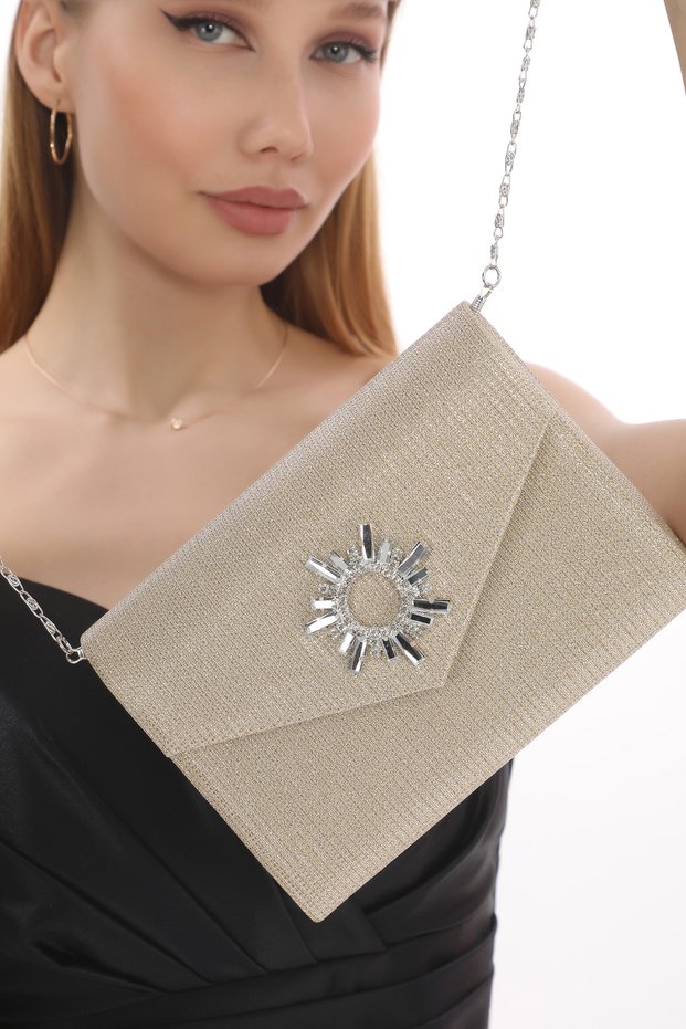 Gold Colored Evening Dress Bag with Stone Accessory, Magnetic Envelope Cover and Hanger