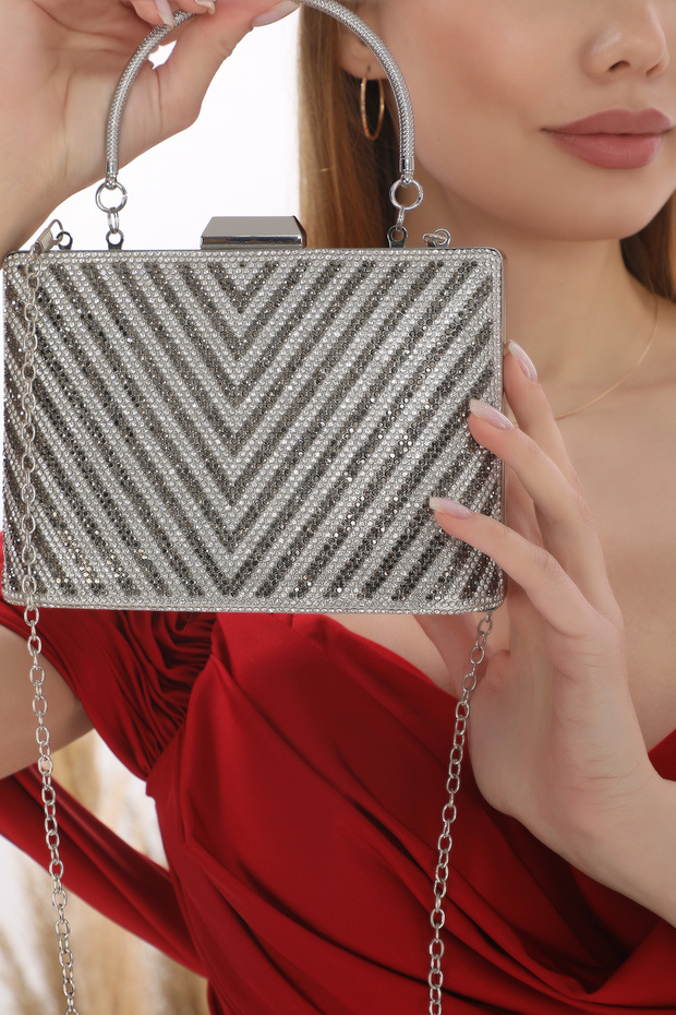 Women's Silver Color Triangle Stone Evening Dress Clutch Portfolio Bag