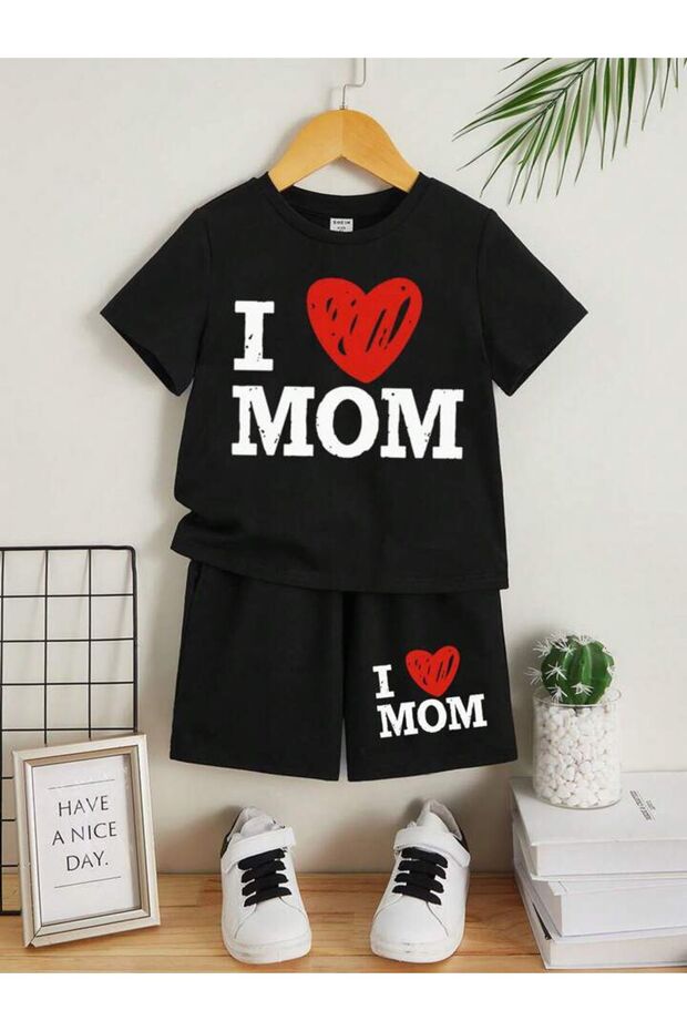 Kids I Love Mom Printed Top and Bottom Set Cotton Shorts T-Shirt Set