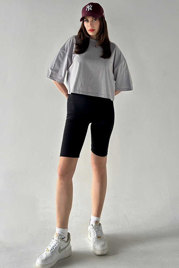 Kadın Oversize Gri Crop Tshirt - 5