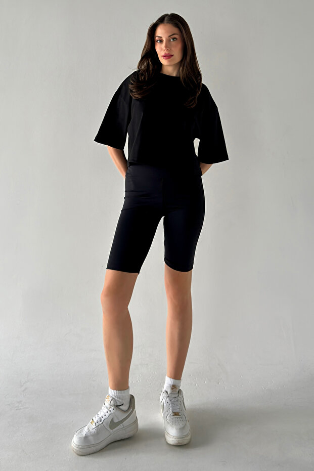 Kadın Oversize Siyah Crop Tshirt - 2