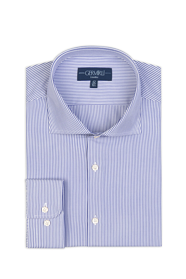 Navy Blue White Striped Tailor Fit 1202 Journey Twill Non Iron Cotton Italian Collar Shirt