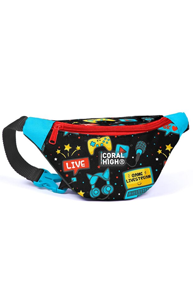 Kids Black Blue Gamer Patterned Waist Bag 11535