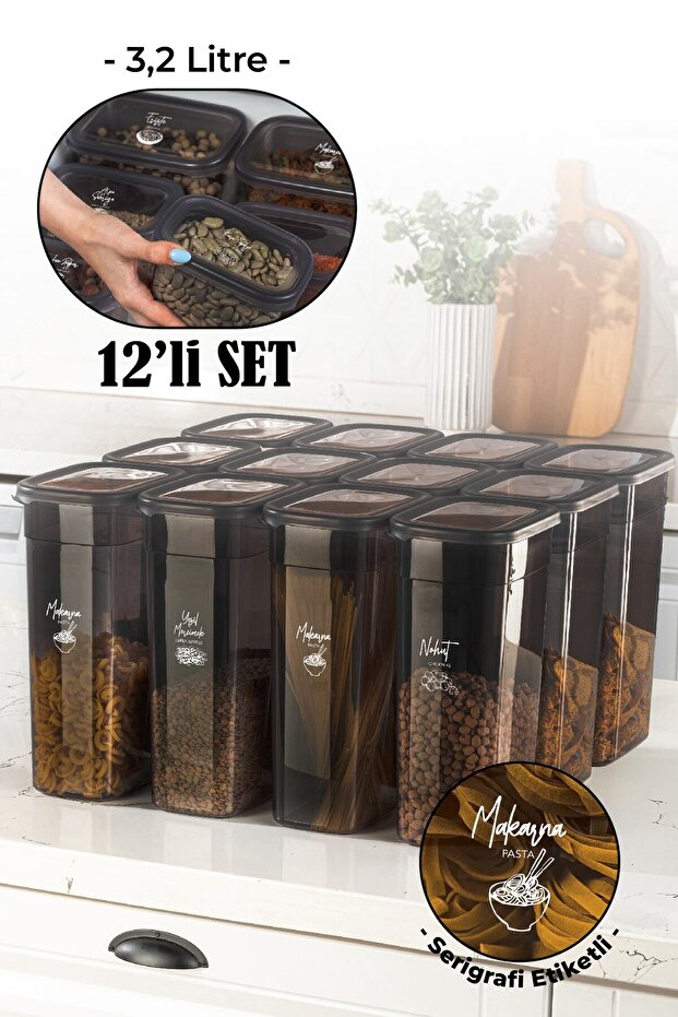 Set of 12 with White Screen Printing Label Peggy Long Rectangular Storage Container with Transparent Lid 3.2 Liters - 1
