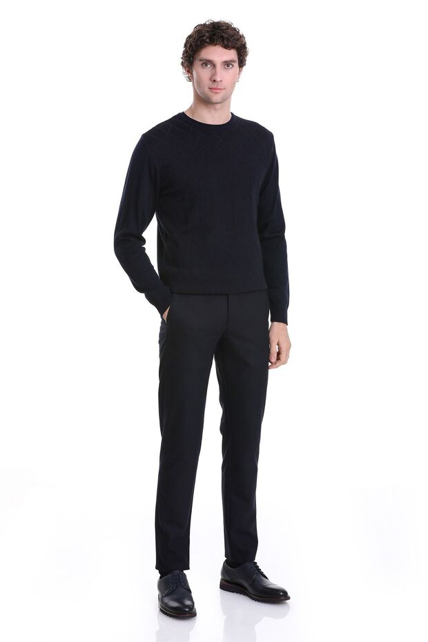 Lacivert Regular Fit Jakarlı Bisiklet Yaka Yünlü Triko Kazak - 2