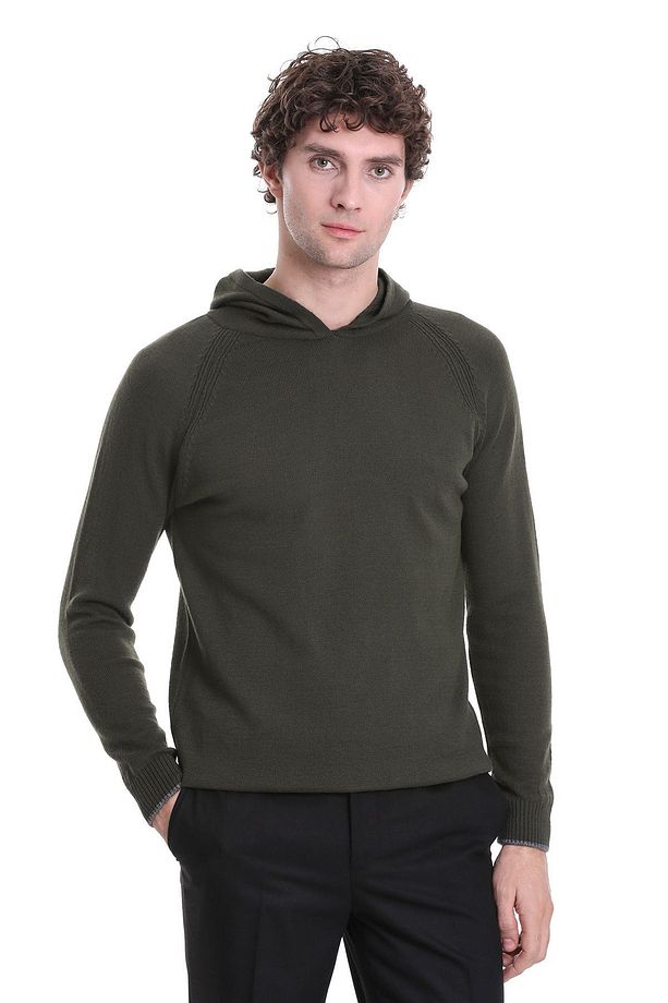 Haki Regular Fit Jakarlı Kapüşonlu Triko Kazak - 1