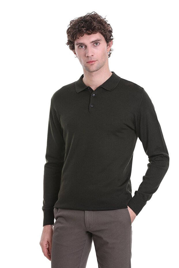 Khaki Regular Fit Plain Polo Collar Knitwear Sweater