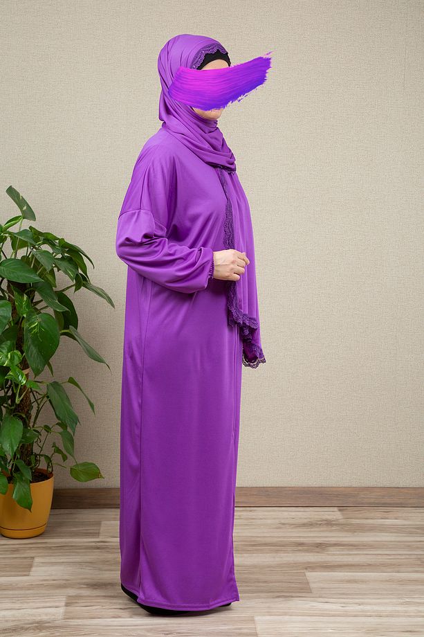 Dantelli Elbise Tek Parça Fermuarlı Pratik Namaz Elbisesi (Mor) - 4