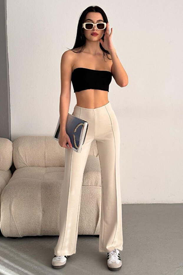 Women's Cream Modal Rib Stitching Detailed Lycra Trousers
