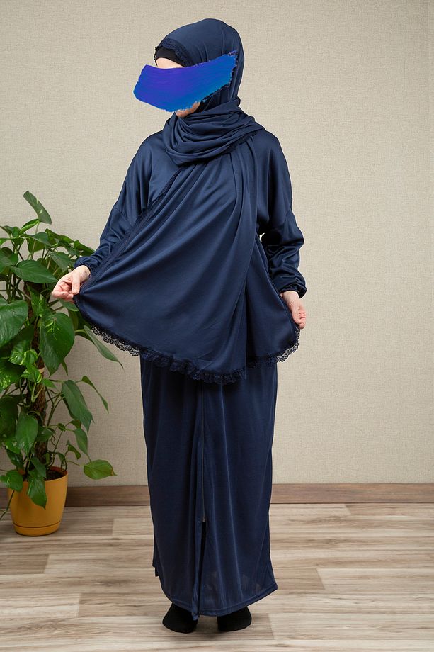 Dantelli Elbise Tek Parça Fermuarlı Pratik Namaz Elbisesi (Lacivert) - 1