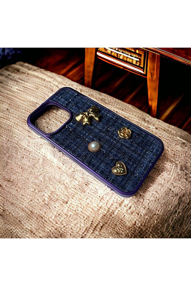 iPhone 13 Pro Max Uyumlu Taşlı Figürlü Kumaş Doku Kılıf - 1