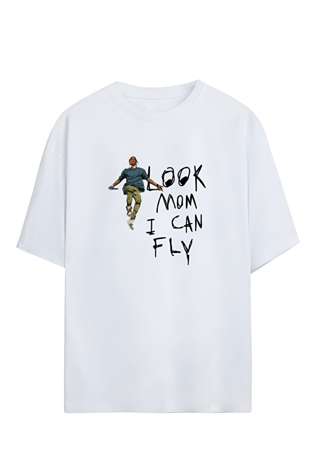 ترافيس سكوت - تي شيرت كبير الحجم للجنسين بتصميم Look Mon I Can Fly