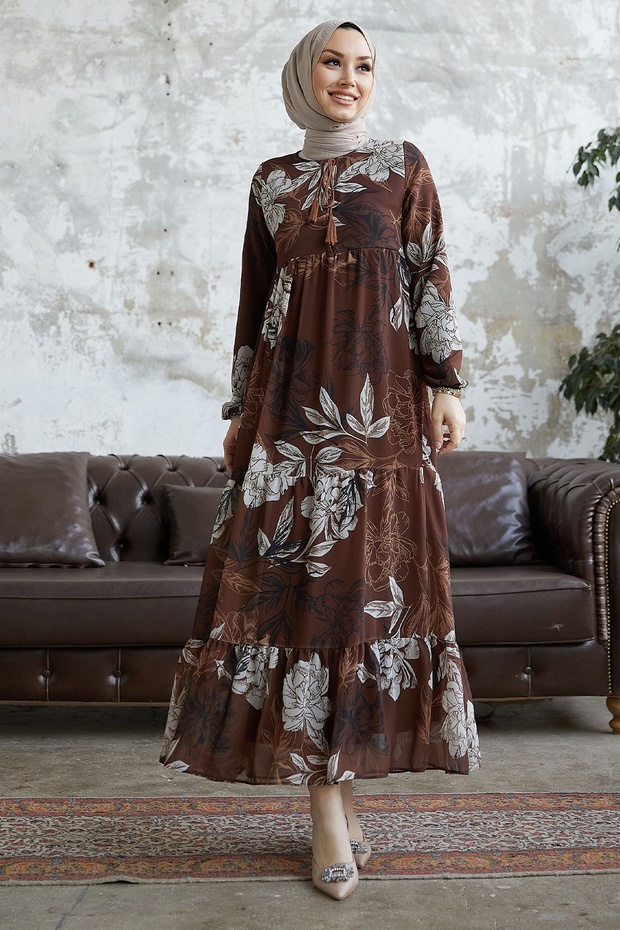 Šaty Jalya Buttoned Collar Stringed Šifon - hnědé - 4