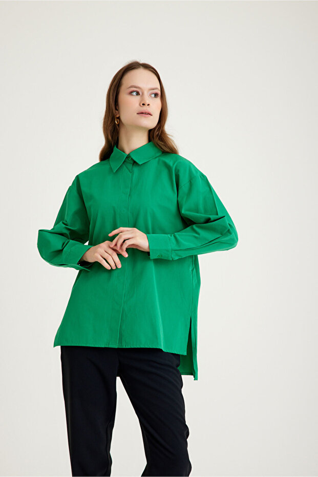 Basic Poplin Yeşil Gömlek - 4