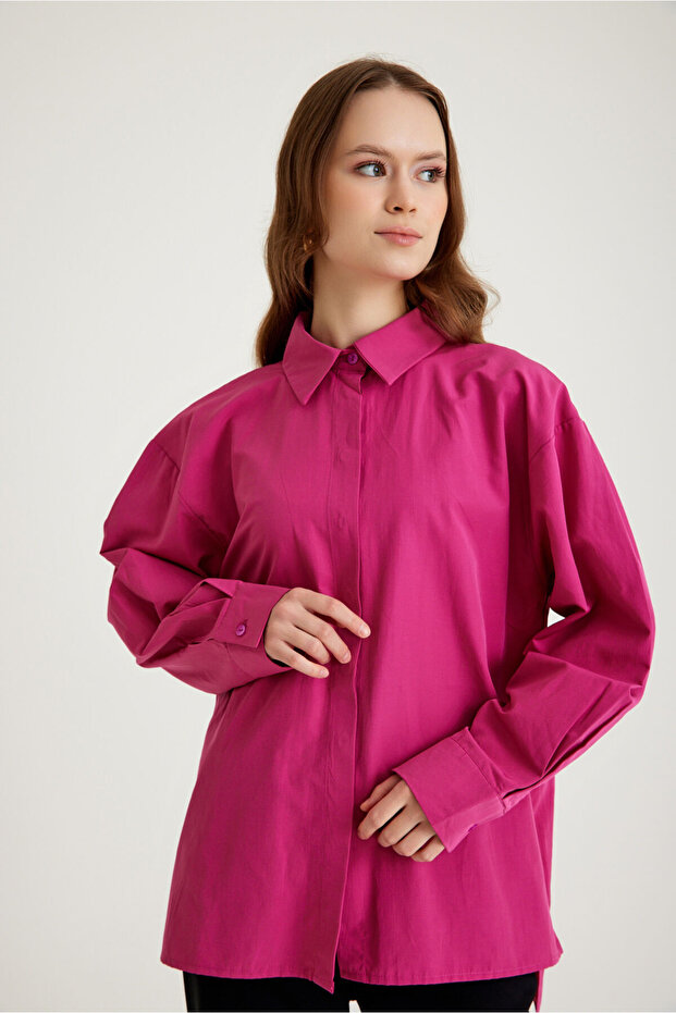Basic Poplin Fuşya Gömlek - 2