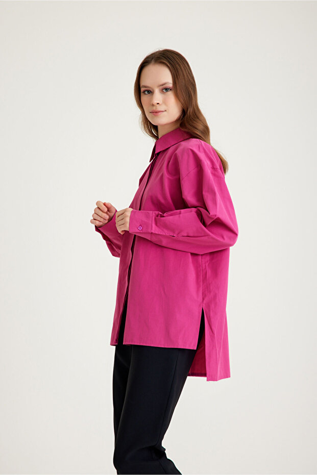 Basic Poplin Fuşya Gömlek - 4