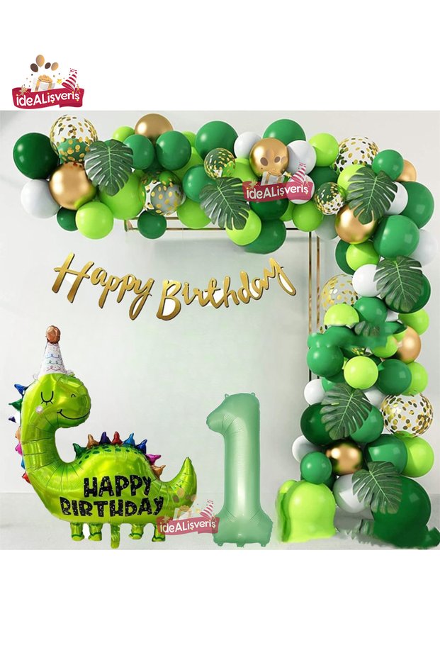 Happy Birthday Written Dinosaur 1 Year Old Green Gold White Birthday Party Set with Foil Balloons