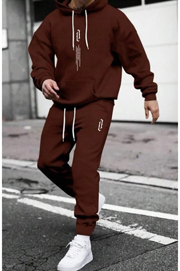 Men's Brown Vertical Printed Oversize Tracksuit Set