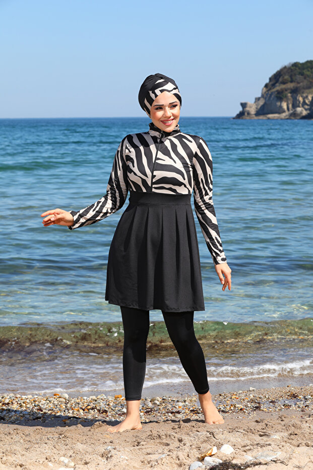 Pleat Detailed Half Zipper Hijab Swimsuit338512