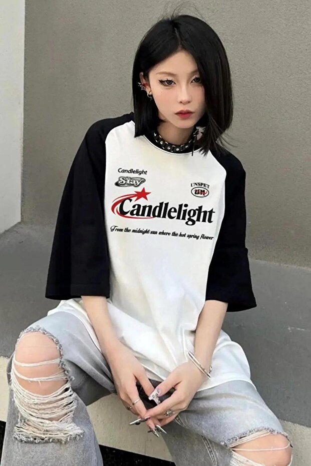 White Unisex Black Reglan Harajuku Candlelight Star T-Shirt- mingalondon