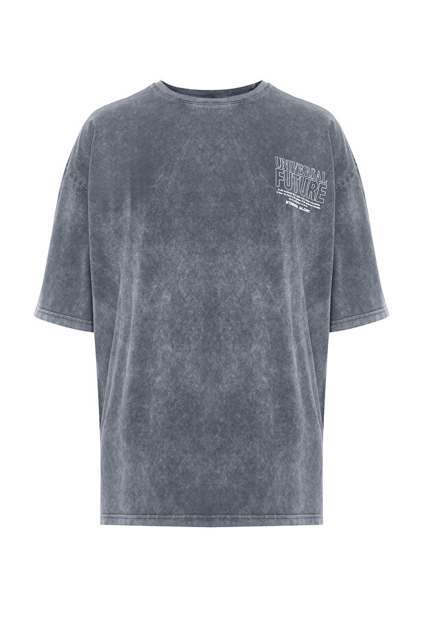 Antrasit Oversize/Geniş Kesim Soluk Efektli Yazı Baskılı %100 Pamuk T-Shirt TMNSS24TS00043 - 8