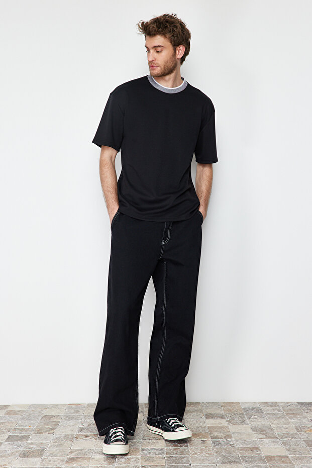 Premium Siyah Oversize/Geniş Kesim Triko Bantlı Dokulu Pike T-Shirt TMNSS23TS00079 - 3