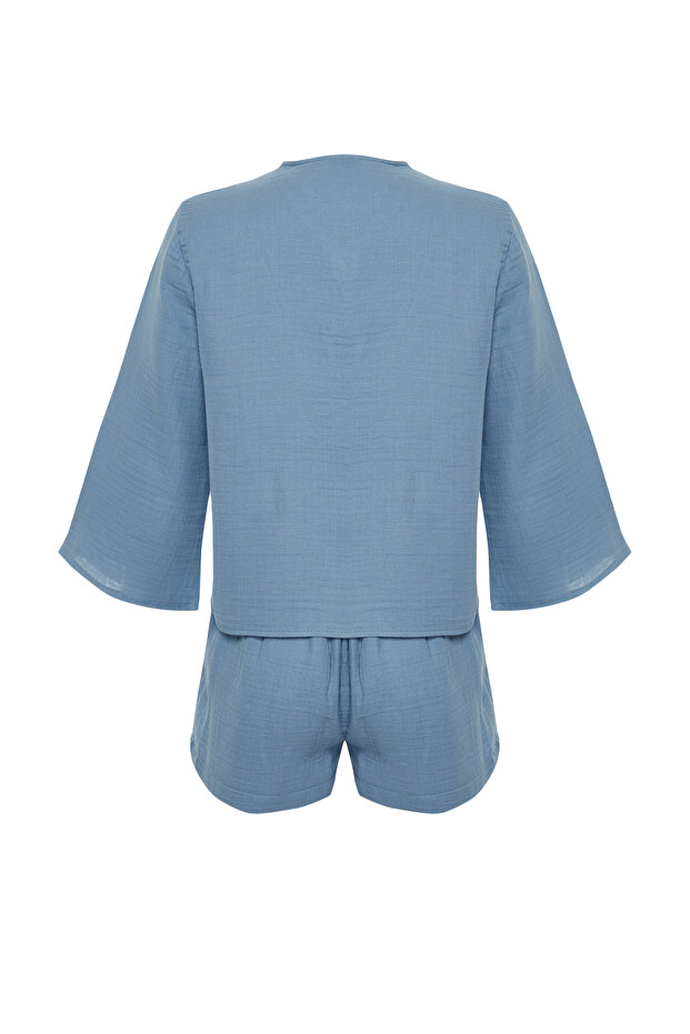 Mavi %100 Pamuklu Bağlama/Kurdele/Fiyonk Detaylı Müslin Şortlu Dokuma Pijama Takımı THMSS24PT00077 - 9