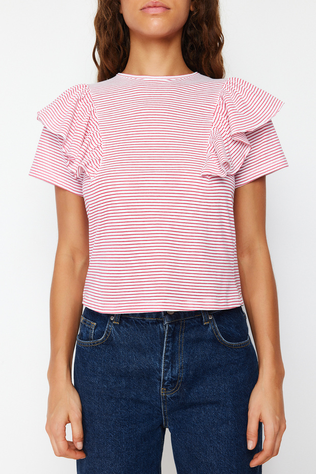 Fuşya Ekru Çizgili Kalın Pamuklu Fırfır Detaylı Regular/Normal Kalıp Örme T-Shirt TWOSS24TS00061 - 4