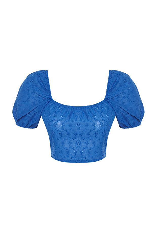 Indigo Brode Balon Kol Crop Dokuma Bluz TWOSS24BZ00236 - 7
