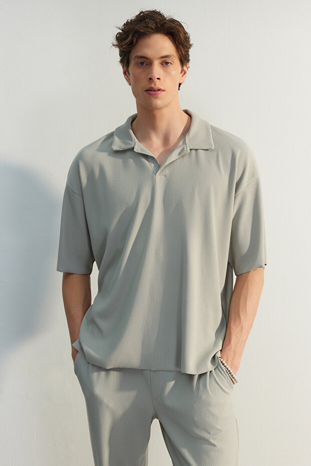 Büyük Beden Taş Oversize Dokulu Ottoman Polo Yaka T-Shirt TMNSS24BF00047 - 8