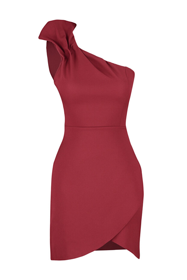 Burgundowa krótka stylowa suknia wieczorowa z kołnierzykiem - szczegółowa sukienka z tkaniny TPRSS22EL1397 - 7