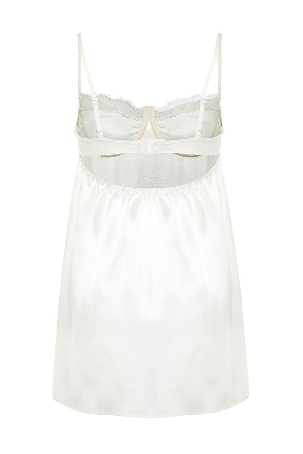 Bride/Bridal Beyaz Saten Dantelli İp Askılı Babydoll/Fantezi Gecelik THMSS24LL00005 - 12