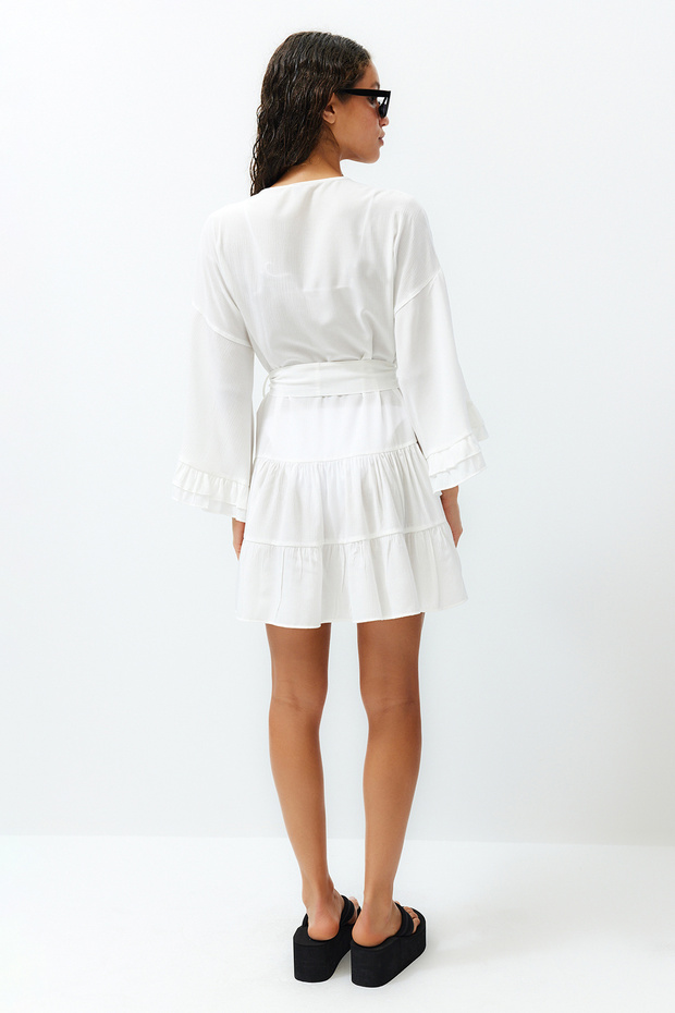 Plaj Giyim Beyaz Dokuma Fırfırlı Kuşaklı Mini Kimono&Kaftan TBESS24KM00032 - 6