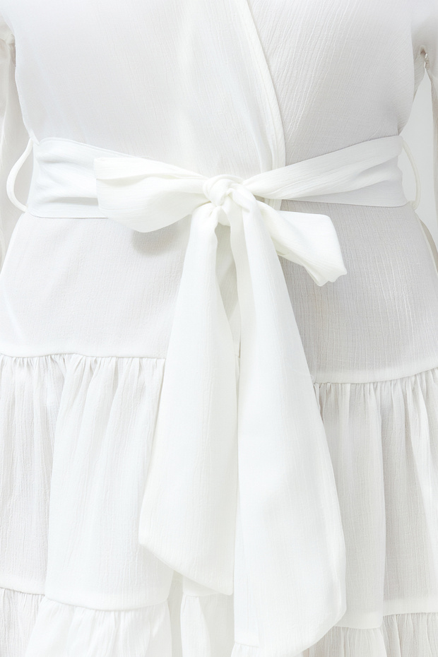 Plaj Giyim Beyaz Dokuma Fırfırlı Kuşaklı Mini Kimono&Kaftan TBESS24KM00032 - 4
