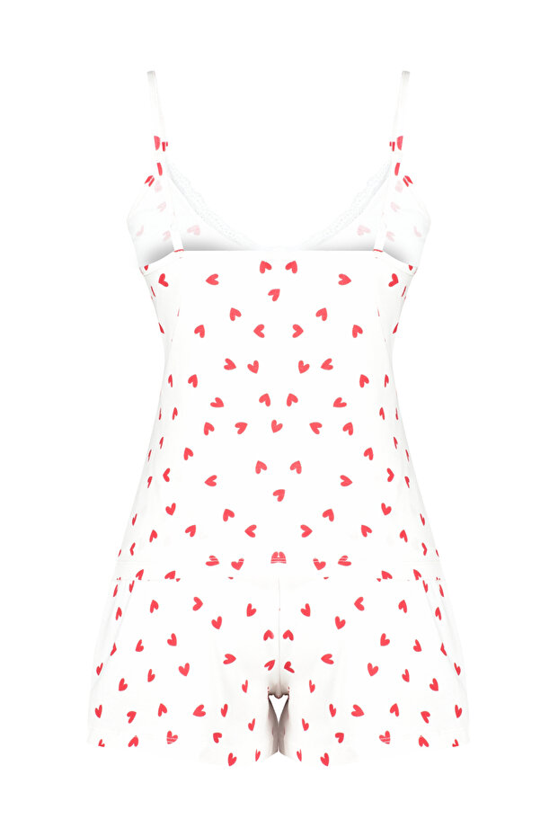 Beyaz %100 Pamuklu Kalpli Dantelli İp Askılı Şortlu Örme Pijama Takımı THMSS24PT00106 - 8