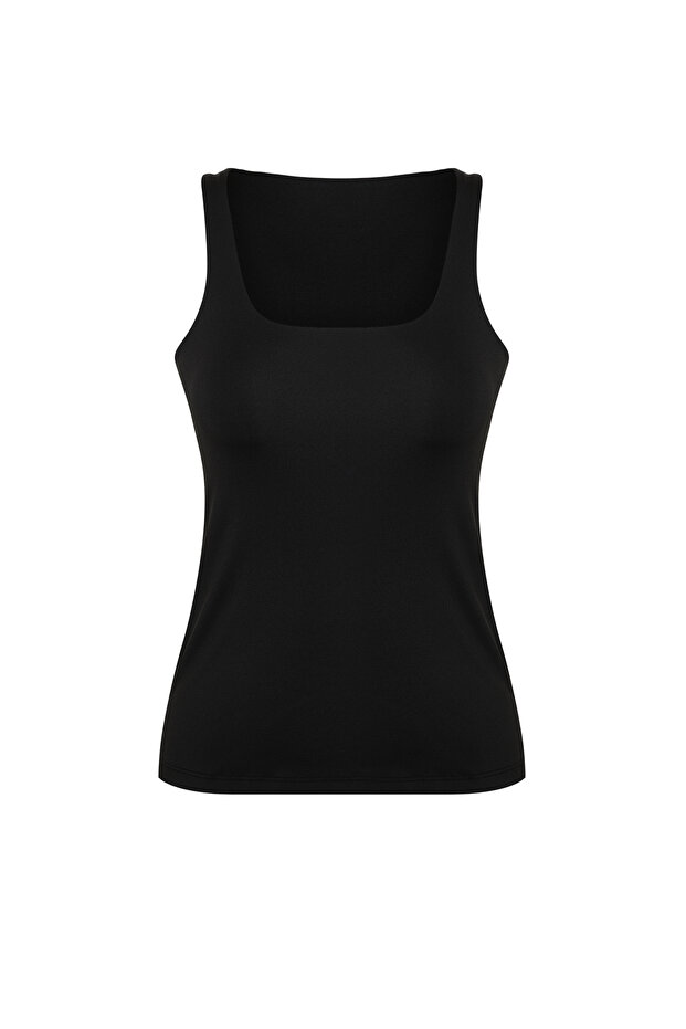 Siyah Toparlayıcı 2 Katlı İçi Pedli Spor Sütyenli Kare Yaka Örme Spor Üst/Bluz THMSS24BZ00002 - 8
