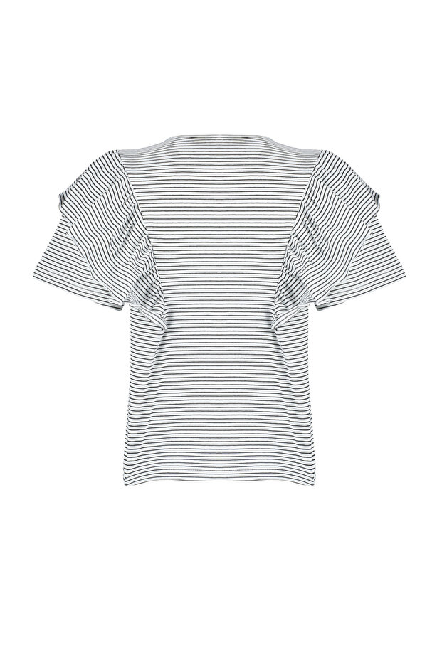 Siyah Kalın Pamuklu Kolları Fırfırlı Regular Çizgili Bisiklet Yaka Örme T-Shirt TWOSS24TS00061 - 8