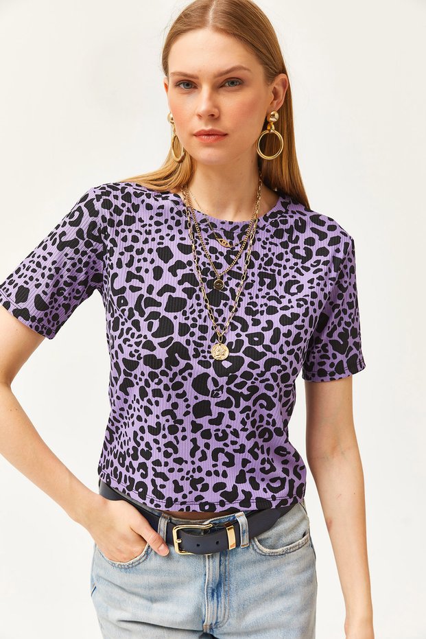 Women's Leopard Lilac Corded Crop Knitted T-Shirt TSH-19000328