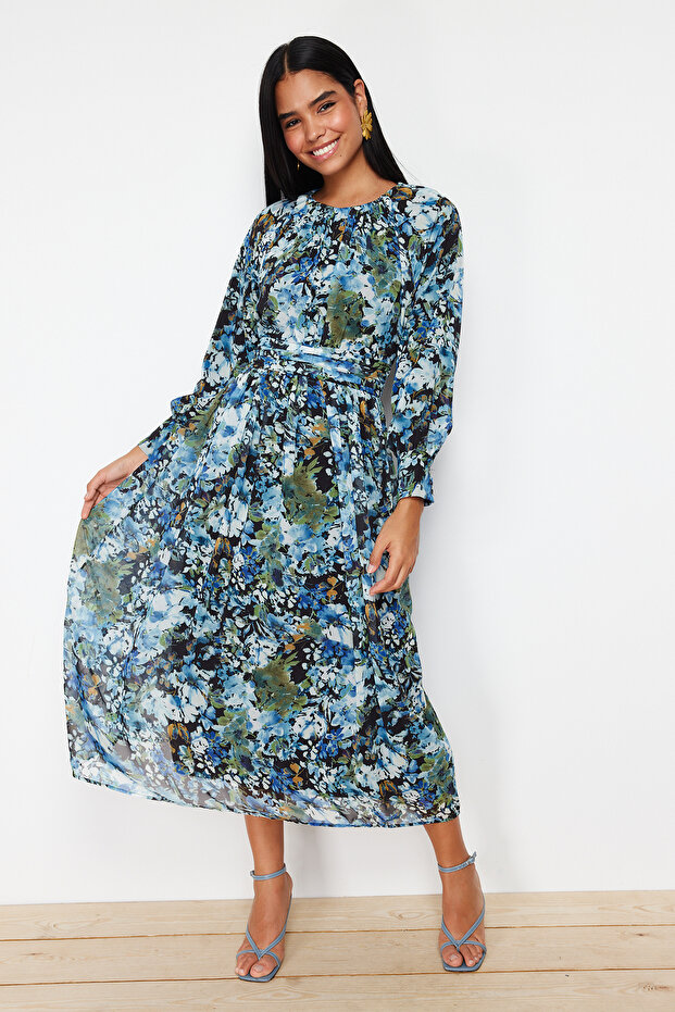 Black Blue Floral Belt Detailed Woven Dress TCTSS24EB00045